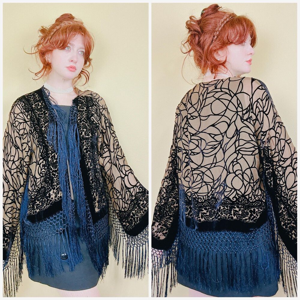 1990s Vintage Rayon Burnout Velvet Jacket Silk Fringe Trim Piano Shawl